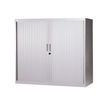 Armoire basse à rideaux - L120  x H105 x P43 cm - 2 tablettes - gris clair
