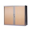 Armoire basse à rideaux - L120  x H105 x P43 cm - 2 tablettes - corps silver / porte hêtre