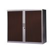 Armoire basse à rideaux - L120  x H105 x P43 cm - 2 tablettes - corps silver / porte wengé
