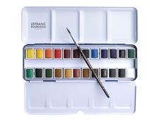Lefranc Bourgeois - 24 Demi-godets de peinture aquarelle fine avec pinceau et palettte - boîte métal - couleurs assorties