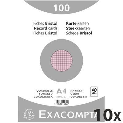 3130632102364-Exacompta - 10 Packs de 100 Fiches Bristol - A4 - petits carreaux - non perforées - rose--0