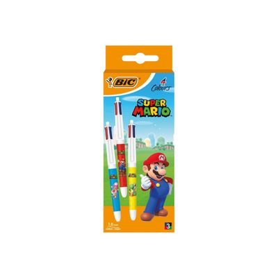 3086123602441-BIC 4 Couleurs Super Mario - stylo bille 4 couleurs - noir, rouge, bleu, vert (pack de 3)-Avant-0