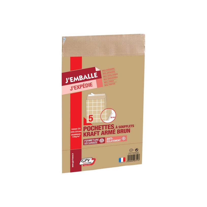 0400000396200-GPV Pack'n Post - 5 Pochettes kraft armé à soufflets - C4 229 x 324 mm - 130 gr - bande auto-P_39620_1-0