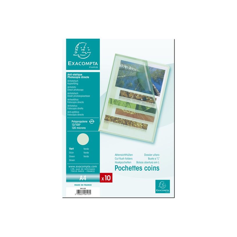 3130631561131-Exacompta - 10 Pochettes coin - A4 - 12/100 - vert transparent-P_405113667_2-1
