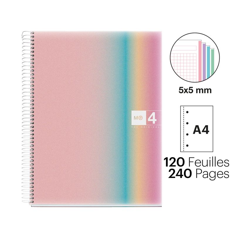 8422593040812-Notebook Aurora, A4, quadrillage 5x5 mm, 120 feuilles de 4 couleurs, Miquelrius, West Bay.--1