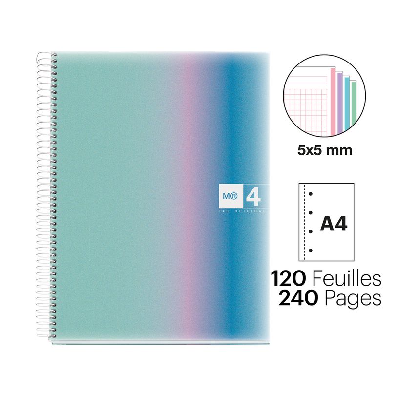 8422593040829-Notebook Aurora, A4, quadrillage 5x5 mm, 120 feuilles de 4 couleurs, Miquelrius, Santorini.--1