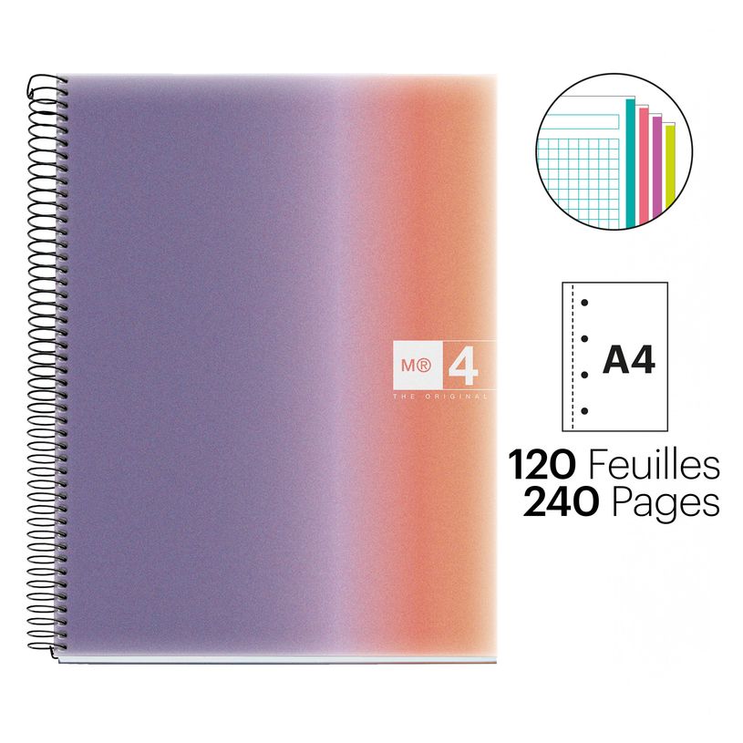 8422593040836-Notebook Aurora, A4, quadrillage 5x5 mm, 120 feuilles de 4 couleurs, Miquelrius, Provence.--1
