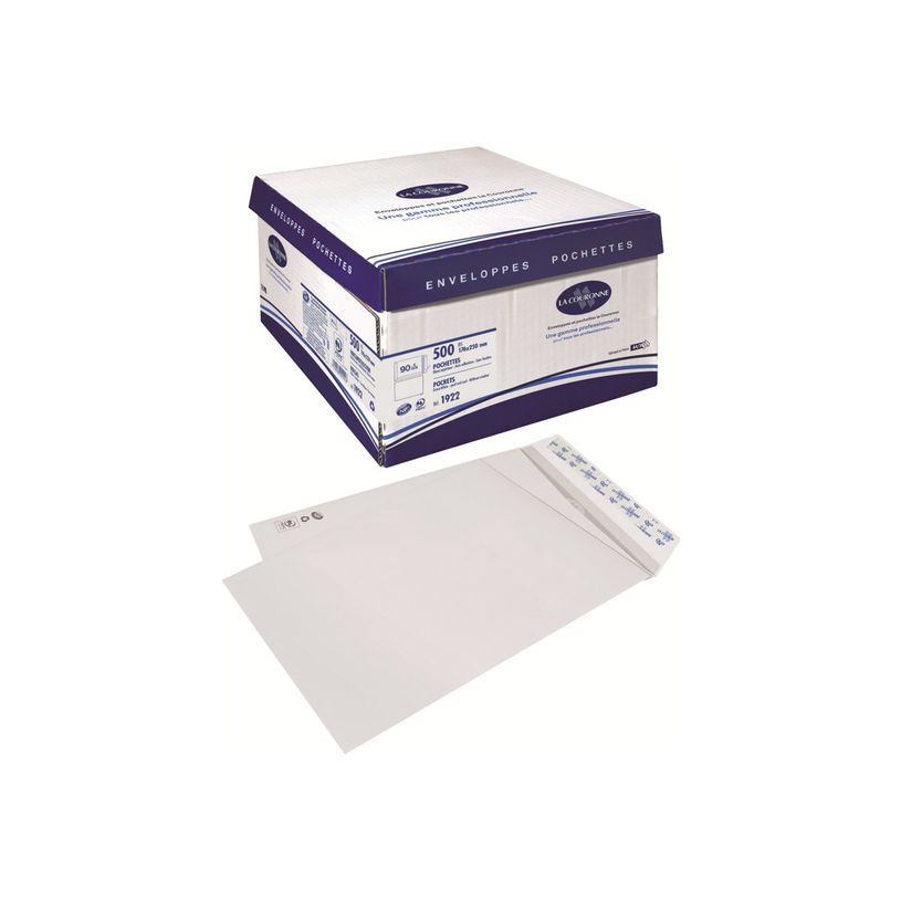 3240180019226-La Couronne - 500 Pochettes B5 250 x 176 mm - 90 gr - sans fenêtre - blanc - bande auto-ad-P_79409200_1-0