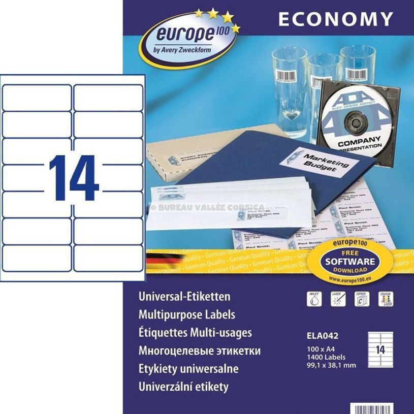 4004182303573-Europe100 - 1400 Étiquettes multi-usages blanches - 99,1 x 38,1 mm - réf ELA042-P_79413478_1-0