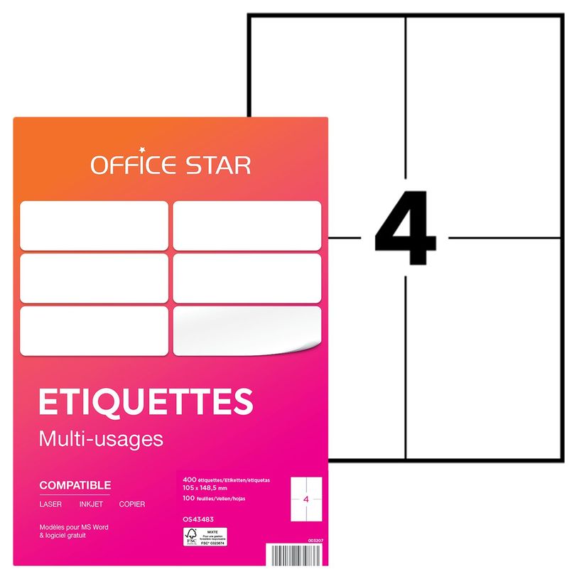 4004182434833-Office Star - 400 Étiquettes multi-usages blanches - 105 x 148,5 mm - réf OS43483-P_79413484_1-0
