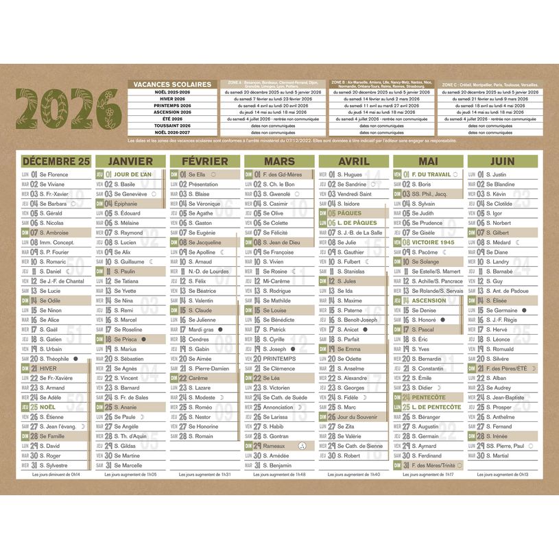3592930026580-Calendrier bancaire année civile BOUCHUT "Natura Micro" 13,5 x 17,5 cm coloris beige--0