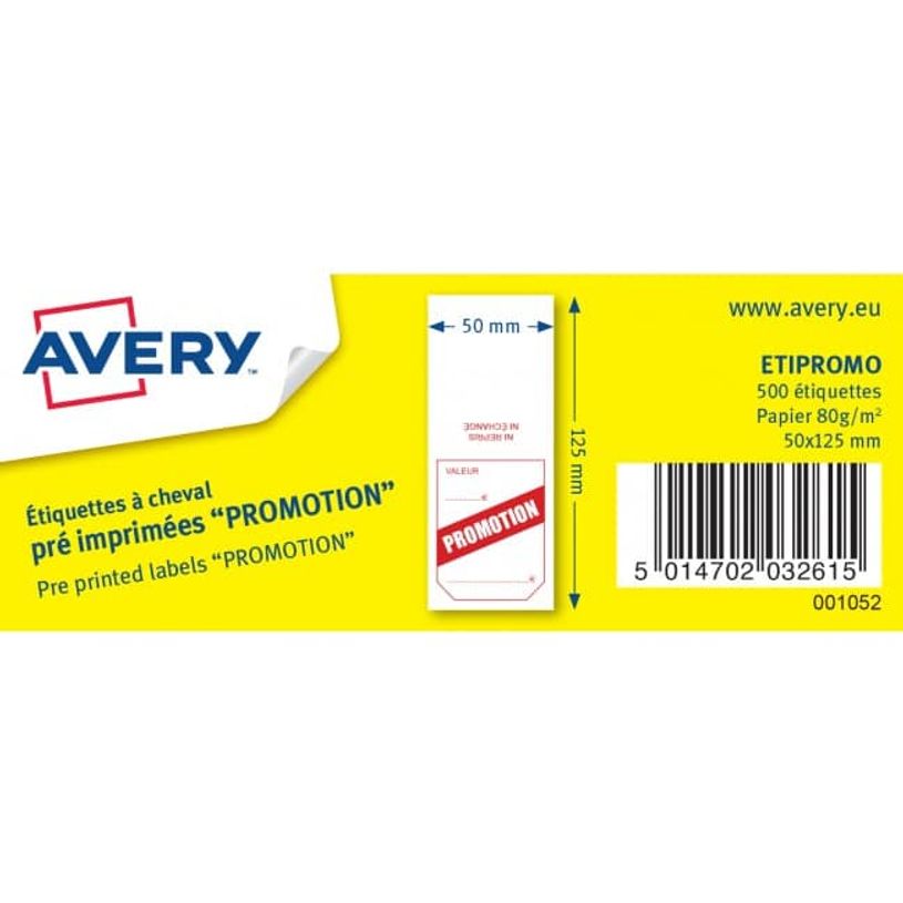 5014702032615-Avery -  500 étiquettes à cheval pré-imprimées Promotion - 50 x 125 mm - Blanc/Rouge-P_79425568_1-0