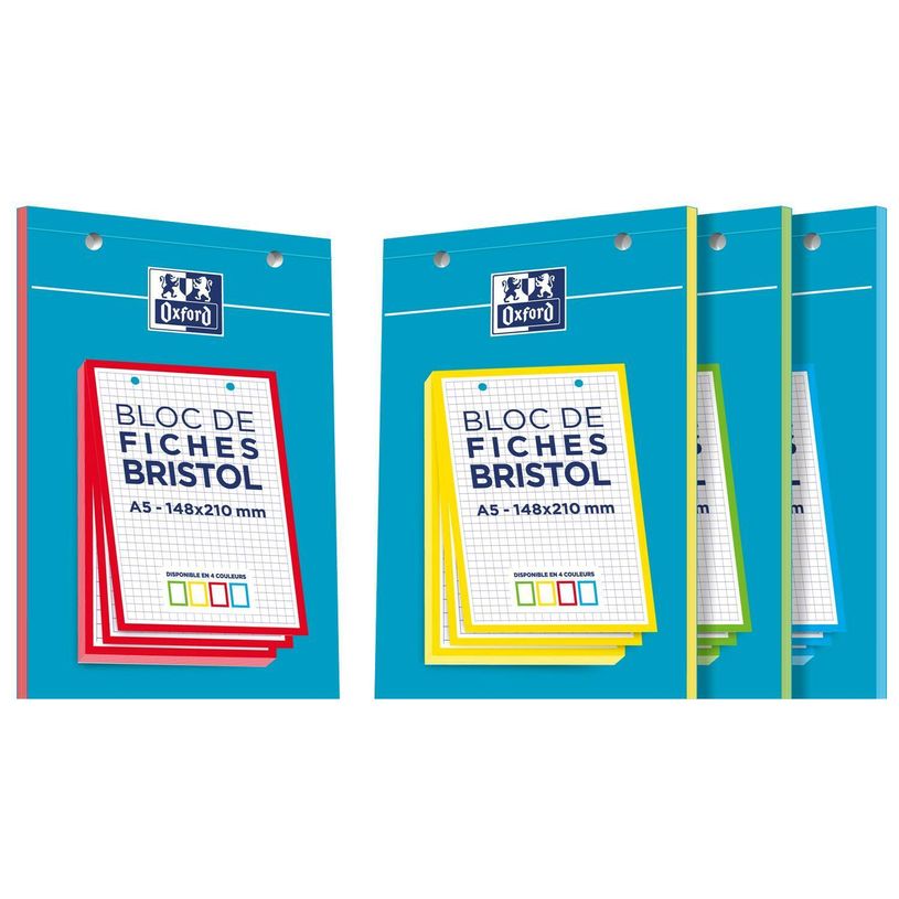 3020120120638-Oxford - Pack de 30 Fiches Bristol - A5 - petits carreaux - perforées - 4 couleurs dispon-P_79431003_16-0