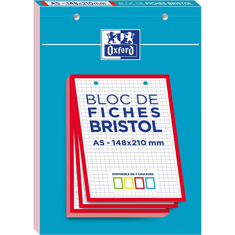 3020120120638-Oxford - Pack de 30 Fiches Bristol - A5 - petits carreaux - perforées - 4 couleurs dispon-P_79431003_20-4
